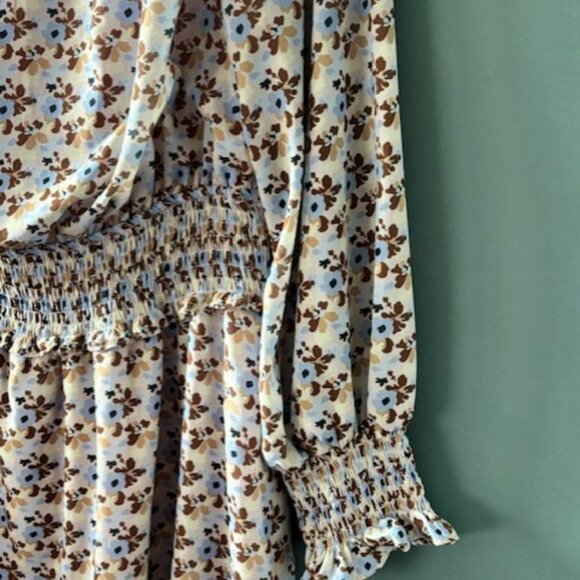 Kori Dress L Blue Brown Floral Puff Sleeve Smocked Cottagecore Boho Prairie - Picture 6 of 10